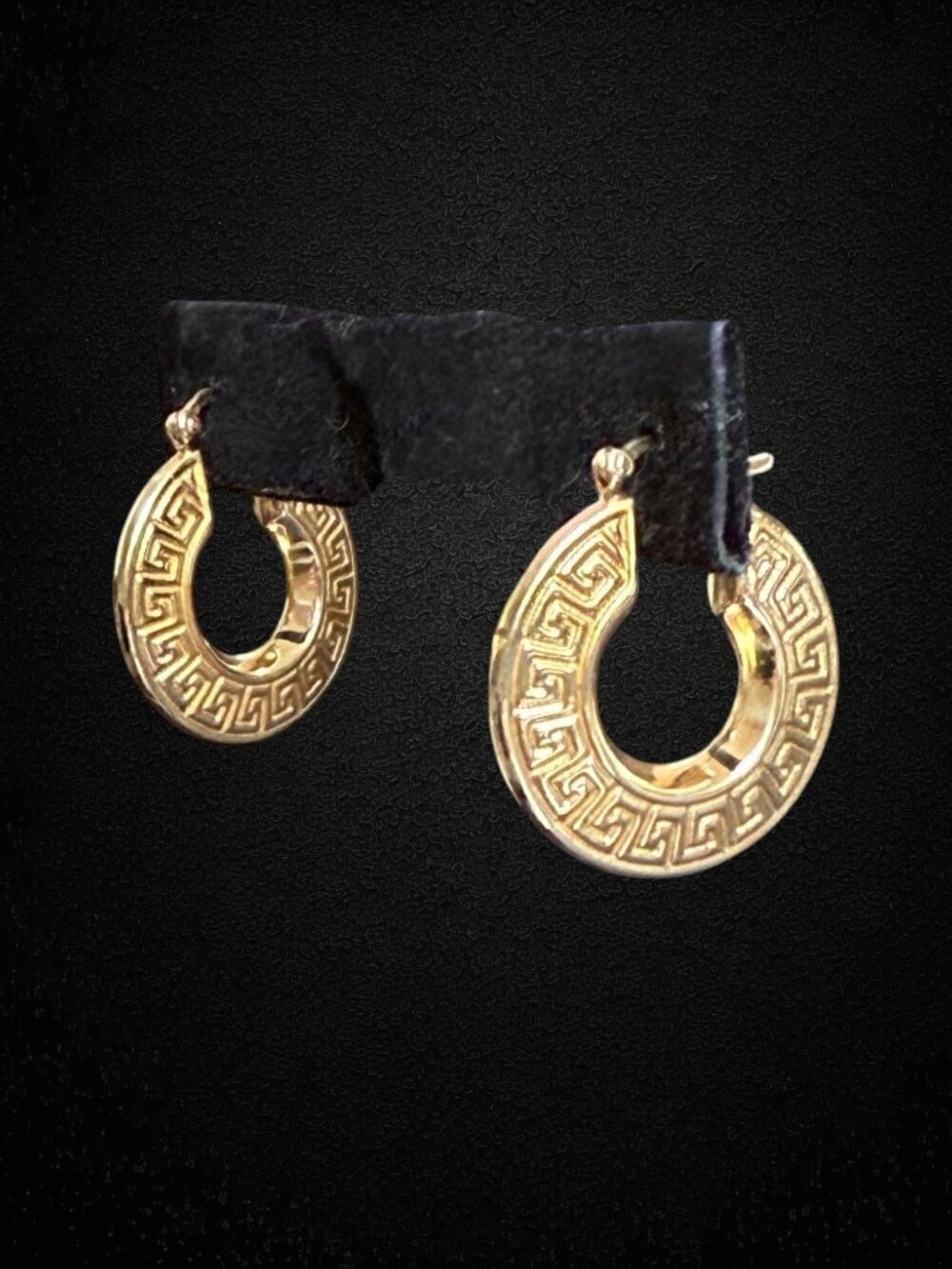 14K Yellow Gold Greek Key Meander Hoop Earrings Grecian Textured Vintage 3.2g